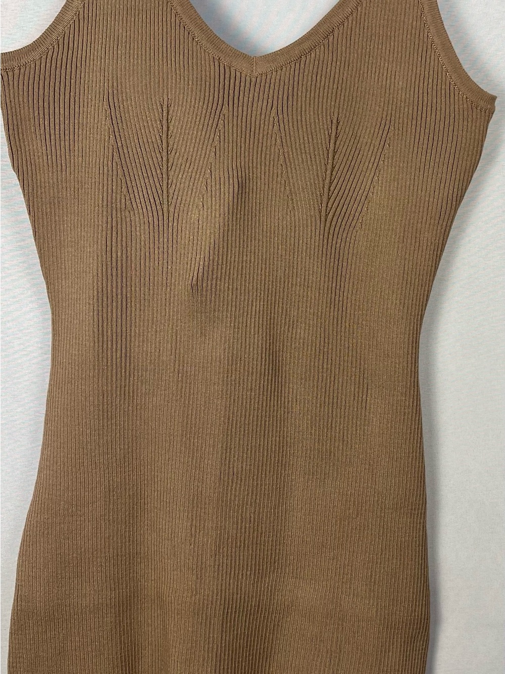 Ribbed V-Neck Mini Dress in Taupe